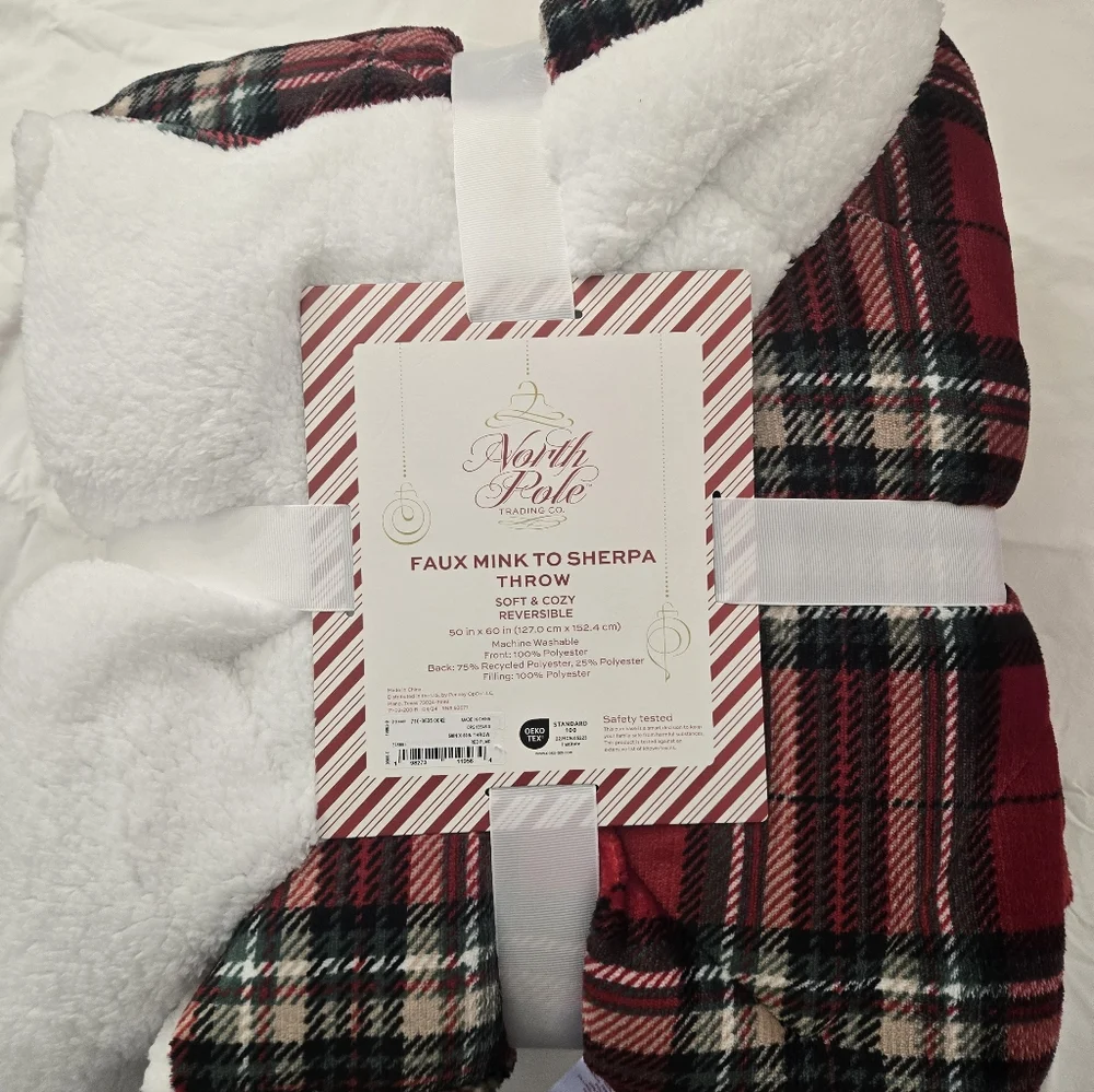 SHERAP Plaid Red and Black Holiday Throw Blanket REVERSIBLE NWT